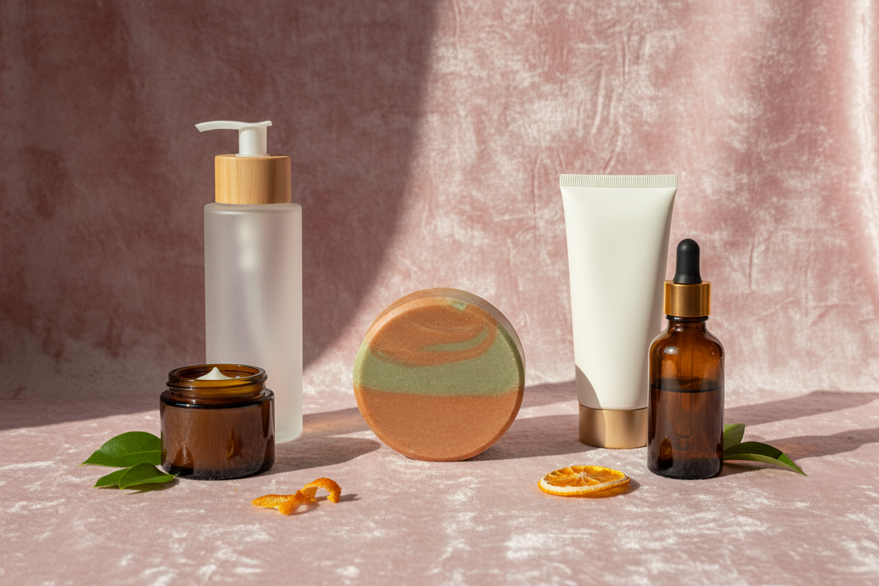 Je veux une image de savon rond orange et vert avec une gamme de produits pour le corps et le visage sur un fond rosé