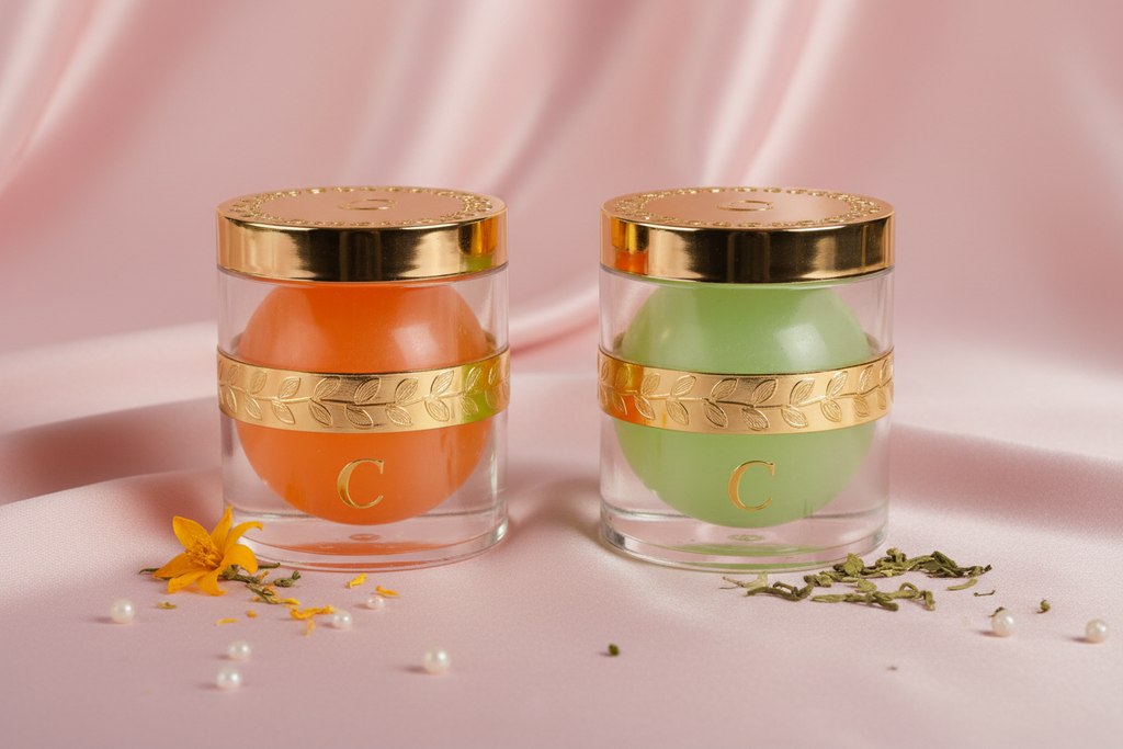 Savons en forme ronde un orange et un vert pour une gamme de produits pour le teint sur un fond rose avec des packaging plutôt luxe doré et transparent 